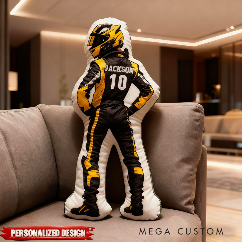 Personalized Racing Driver Shaped Pillow Custom Name and Number Race Suit Cushion Gift for Racing and Motorsport Lovers