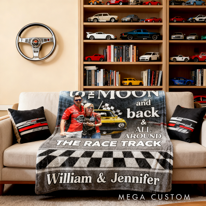 Personalized Racing Couple Blanket Custom Photo and Car Design I Love You to The Moon and Back Race Track Gift for Racers and Racing Lovers