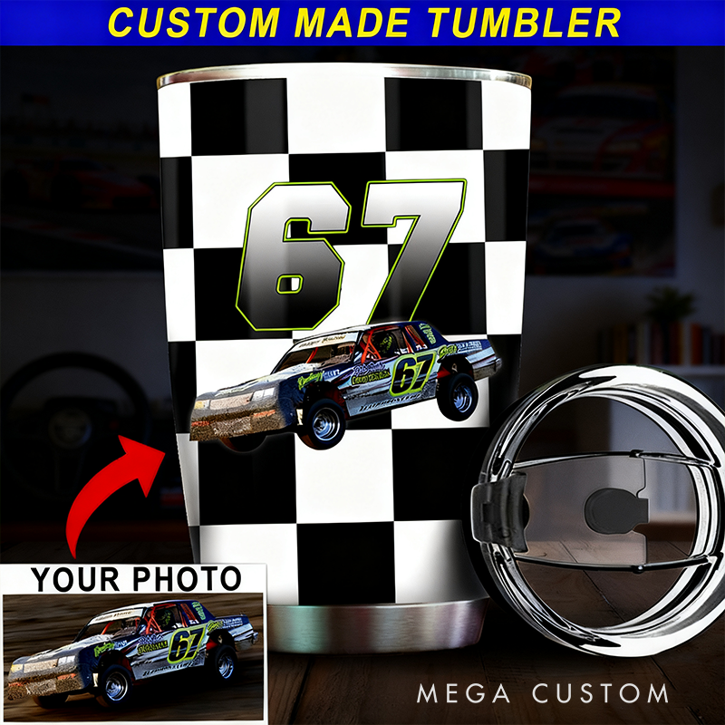 Personalized Dirt Track Racing Tumbler Custom Photo and Number Stainless Steel Travel Mug Gift for Racers and Racing Lovers