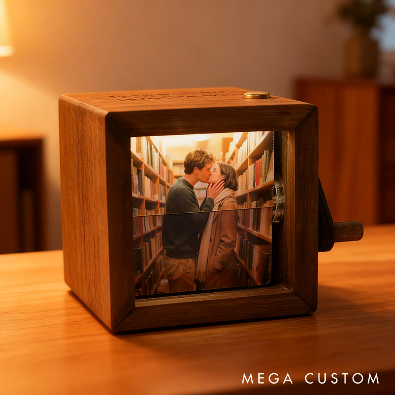 Personalized Photo Flipbook Animation Box Custom Newlyweds Wooden Photo Book with Light Christmas Crank Photo Box Picture Box Anniversary Gift