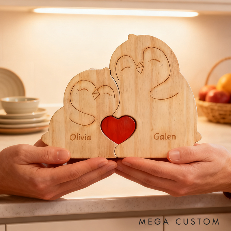 Personalized Wooden Penguin Couple Puzzle Custom Name Fat Penguin Couple Wedding Gift for Wife Husband