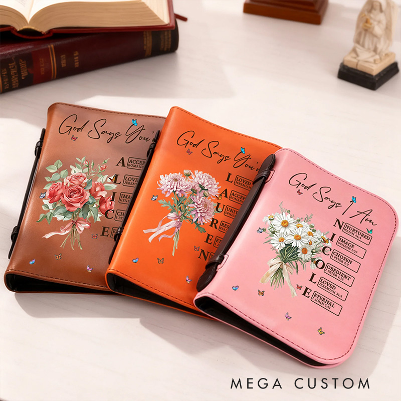Personalized Multicolor Birth Flower Bouquet Bible Verses PU Leather Book Cover with Name Birthday Baptism Gift for Christian Women