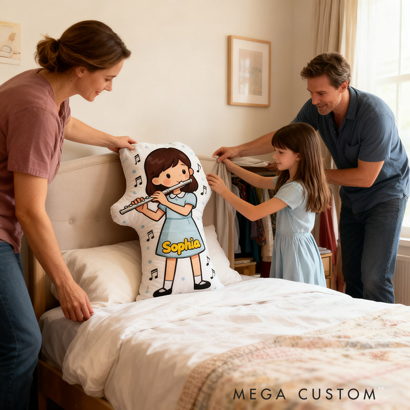 Personalized Flute Pillows with Customizable Skin Tone Hair Color and Name Soft Stuffed Toy for Kids Flute Lovers for Girls' Room and Music Room