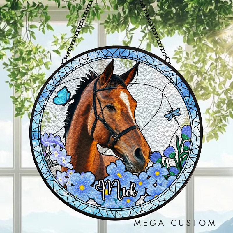 Personalized Horse Stained Glass Suncatcher Photo Horse Loss Memorial Gifts for Equestrian Ridng Lovers 
