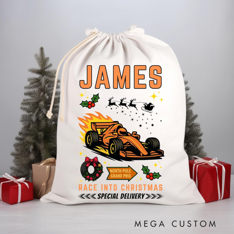 Personalized Racing Christmas Sack Custom Name and Car Color Gift Bag for Racing and Car Lovers