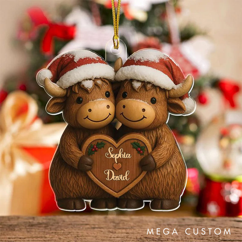 Personalized Couple Highland Cow Christmas Tree Ornament Decoration with Names Santa hat Highland Cow Chrismas Gift for Husband Wife