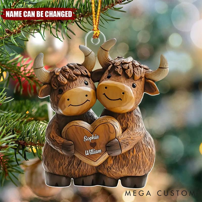 Personalized Couple Highland Cow Christmas Tree Ornament Decoration with Names Chrismas Gift for Husband Wife Gift for Couple