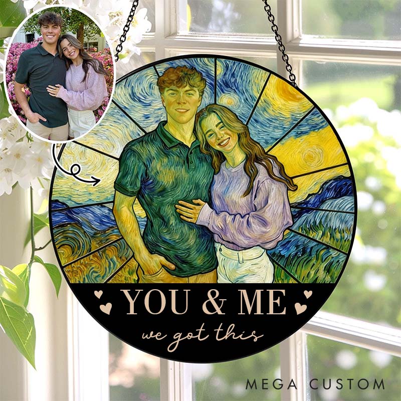 Personalized Couple Starry Night Stained Glass Photo Suncatcher Newlyweds Portrait Window Decor Anniversary Gift for Husband Wife Boyfriend Girlfriend