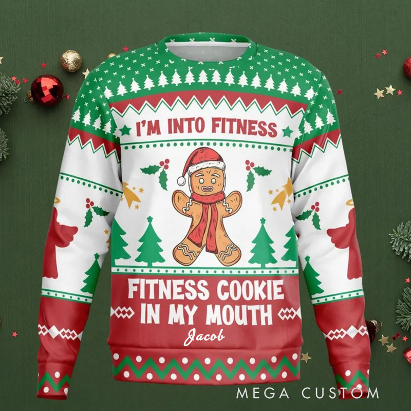 Personalized Merry Fitmas Ugly Christmas Sweater Funny Gingerbread Fitness Ugly Christmas Sweater Holiday Pullover for Fitness Gym Lovers 
