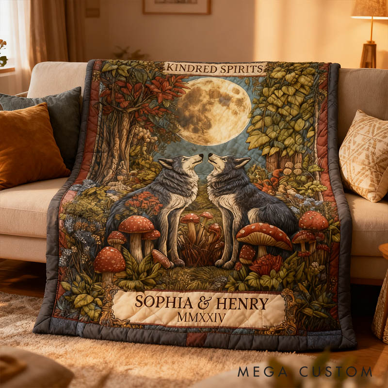 Personalized Couple Wolf Kindred Spirits Blanket Custom Newlyweds Name and Roman Numerals Blanket Valentine's Day Gift for Husband Wife Bride Groom