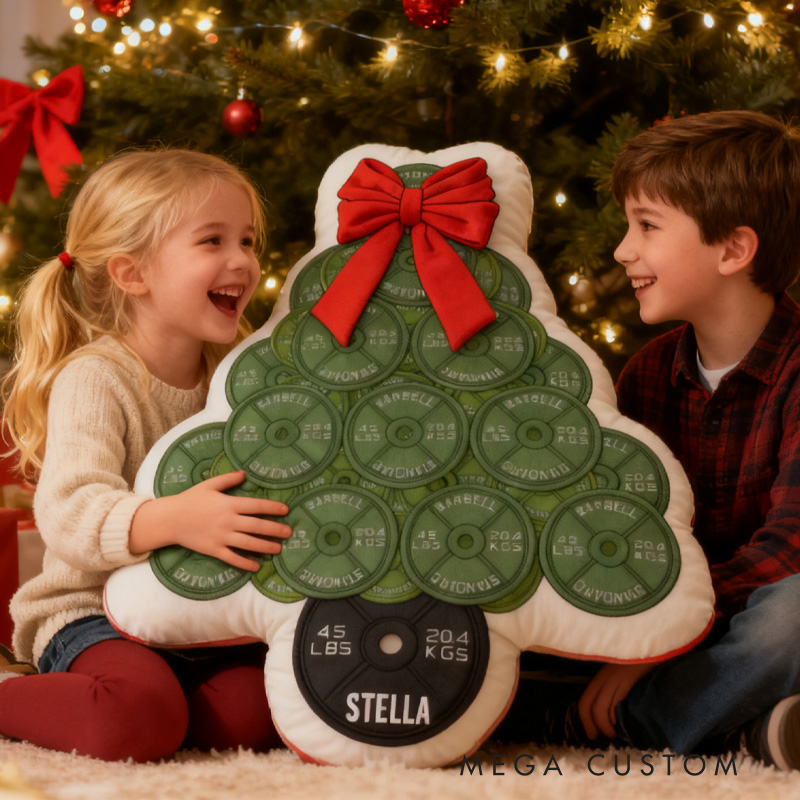 Personalized 45lb Plate Christmas Tree Plush Pillow Graphic 3D Print Gift Ideas Powerlifter Christmas Cute Gifts Custom Name Pillow Comfortable Christmas Decor for Gym Lovers