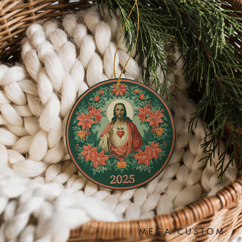 Personalized Sacred Heart of Jesus Ceramic Ornament with Year Religious Gift Christmas Home Decor Catholic Gift