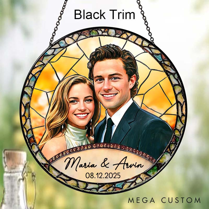 Personalized Couple Stained Glass Photo Suncatcher Newlyweds Portrait Window Hanging Decor Anniversary Gift for Husband Wife Boyfriend Girlfriend