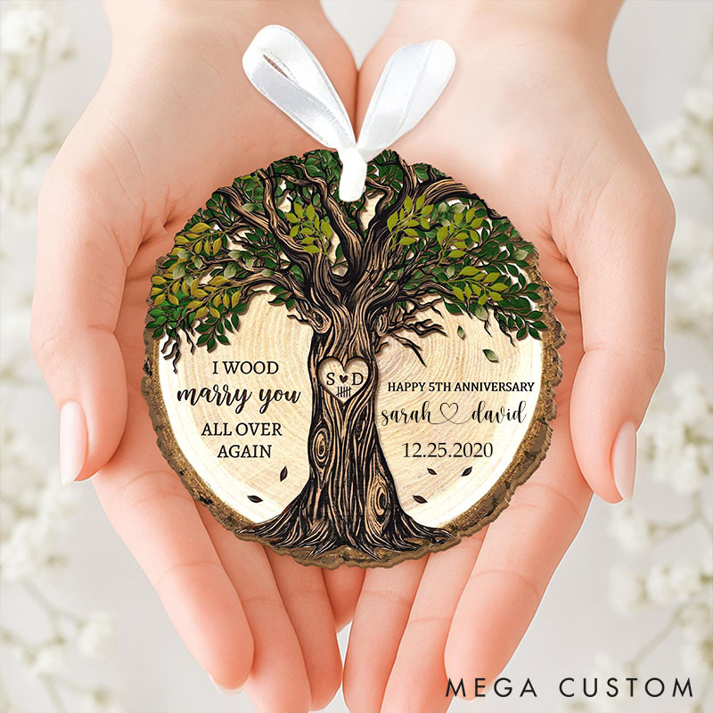 Personalized 5th Anniversary Wooden Ornament Wood Anniversary Gift for Couples Husband Wife 5 Years Anniversary Wood Ornament