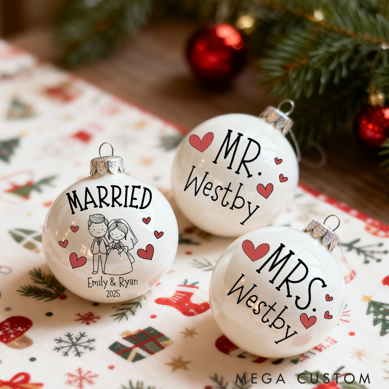 Personalized Mr and Mrs Matching Christmas Ball Ornament Our First Christmas Ornament Set For Newlywed Couple Wedding Ornament Keepsake