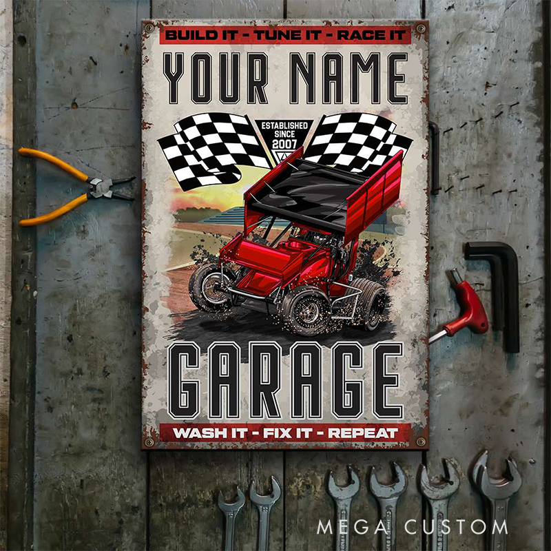 Personalized Dirt Track Racing Outlaw Garage Custom Metal Sign Gift for Racer and Racing Lovers