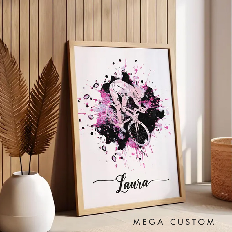 Personalized Biker Portrait Young Cyclist in Action Bike Riding Bicycle Gifts Customizable First Name And Colors Present for Cycling Lovers
