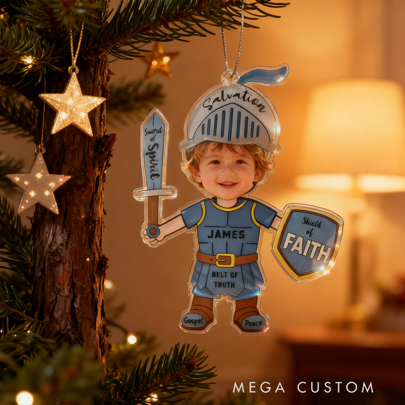 Personalized Armor of God Acrylic Ornament with Photo and Name Holiday Tree Decor Christmas Keepsake Religious Christmas Gift for Boys