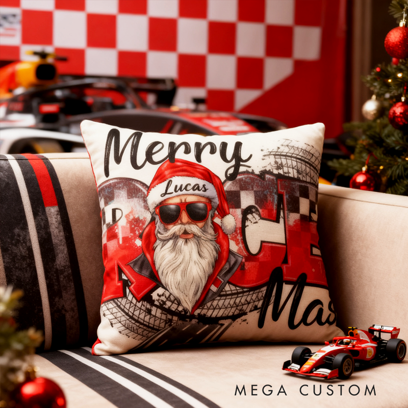 Personalized Merry Race Mas Pillow Custom Name Racing Santa Claus Christmas Throw Pillow Gift for Racers and Car Lovers