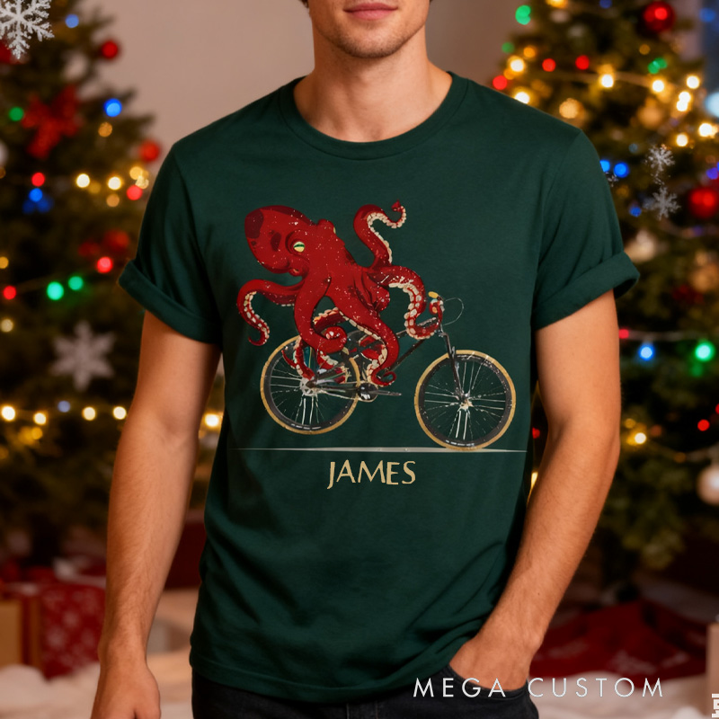Personalized Octopus Riding Bicycle T-Shirt for Funny Kraken Graphic Tee Cyclist Biker Rider Cycling Lovers