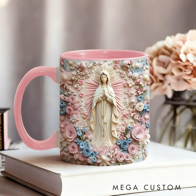 Personalized Floral Serenity of Mary Ceramic Mug with Name Religious Inspirational Gift Catholic Gift for Women