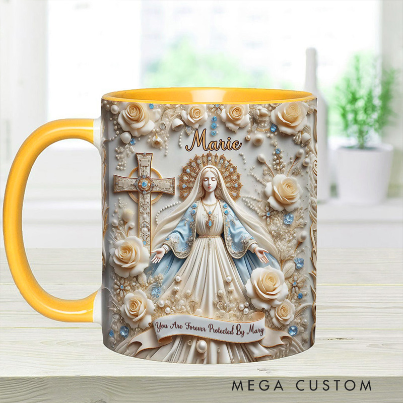 Personalized you are Forever Protected by Mary Ceramic Mug with Name Religious Inspirational Gift Catholic Gift for Women