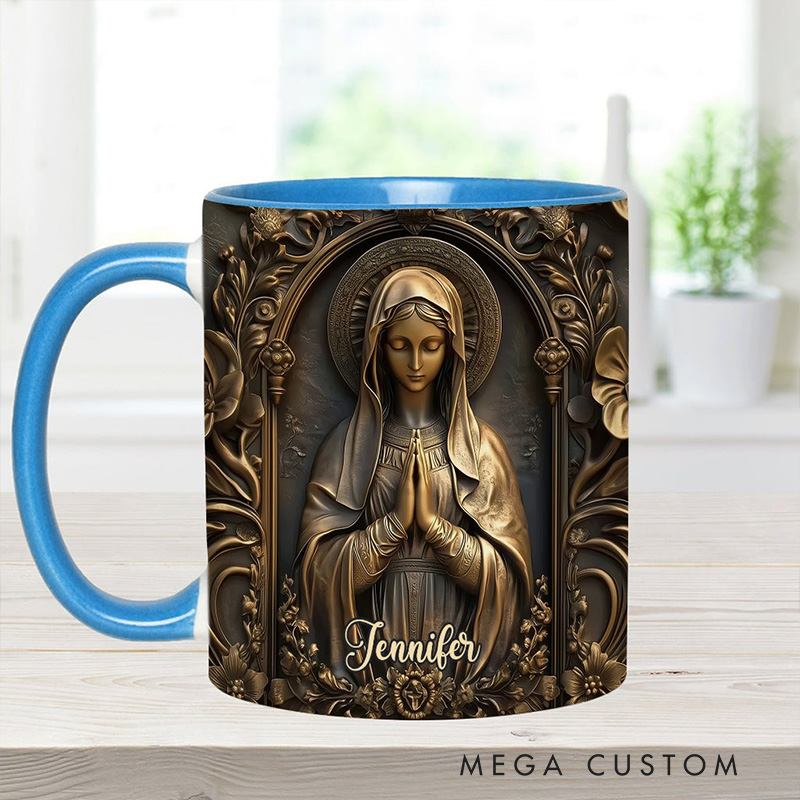 Personalized Vintage Virgin Mary Ceramic Mug with Name Religious Inspirational Gift Catholic Gift for Women