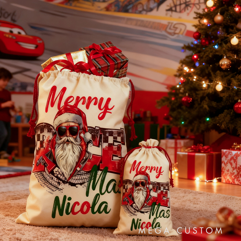 Personalized Merry Race Mas Santa Sack Custom Name Racing Christmas Gift Bag for Racers and Racing Lovers