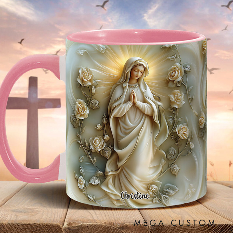 Personalized Virgin Mary Floral Ceramic Mug with Name Religious Inspirational Gift Catholic Gift for Women