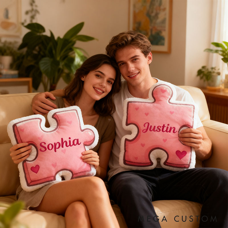 Personalized Girlfriend Pink Heart Puzzle Piece Pillow Custom Wife Name Cushion Valentine's Day Pillow for Husband Wife Christmas Gift for Him Her