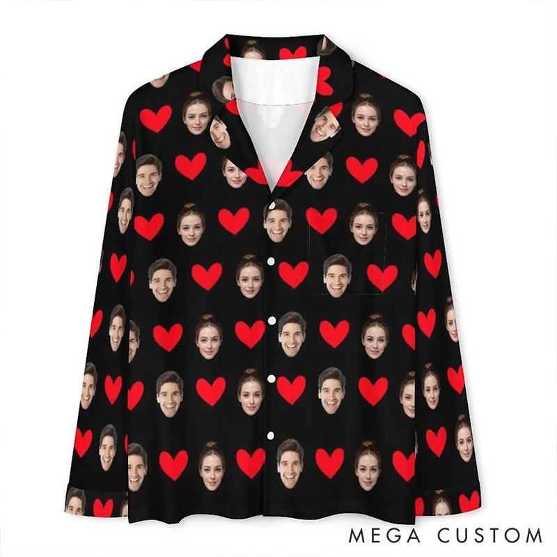Personalized Couple Face Photo Pajamas Set Costom Photo Valentine's Day Heart Pajamas for Boyfriend Girlfriend for Wife Husband