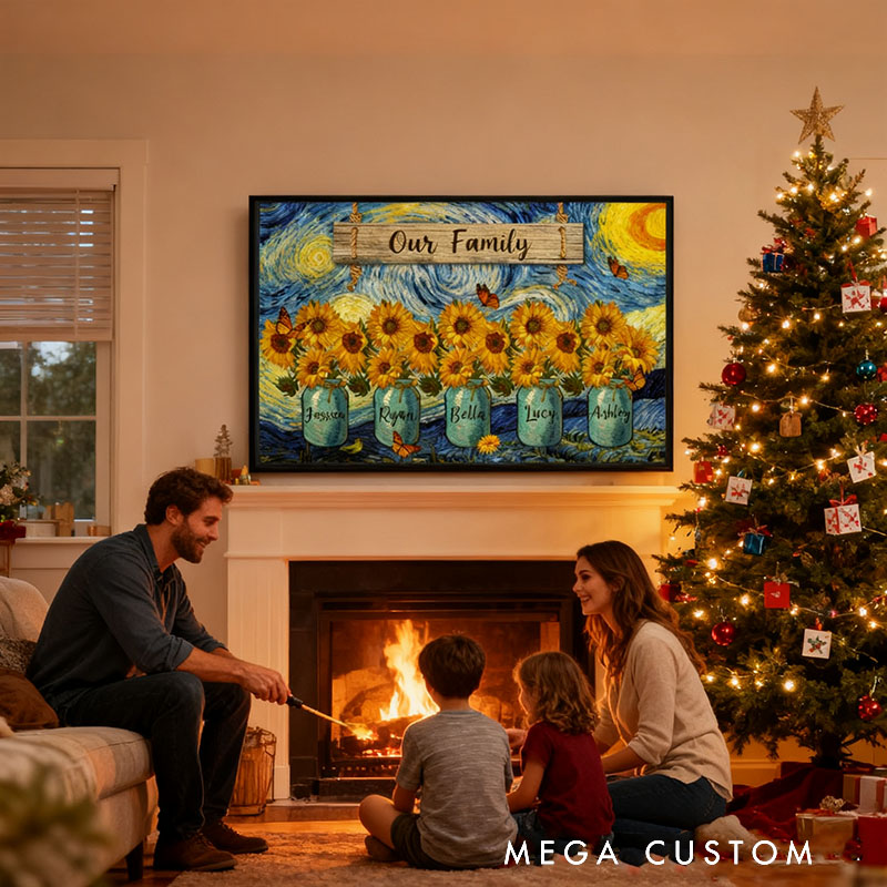 Personalized Our Family Van Gogh Style Starry Night Sunflower Vase Poster Without Frame Custom Art Lover Gift for Her Mom Grandmother for Mother's Day