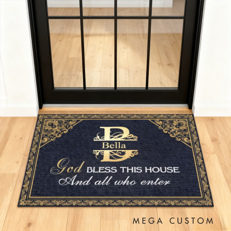 Personalized God Bless this House and All Who Enter Doormat with Name Non-Slip Durable Front Door Decor Religious Gift for Faithful Family