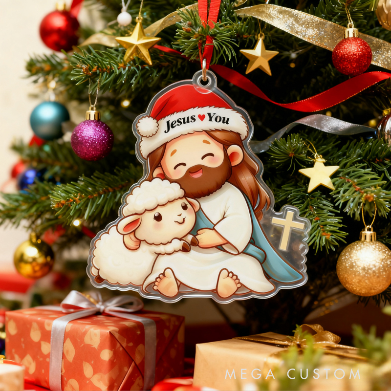 Personalized Cute Jesus Lamb Acrylic Ornament with Jesus Love you Custom Name Holiday Tree Decor Religious Gift for Kids Christian Gift for Christmas