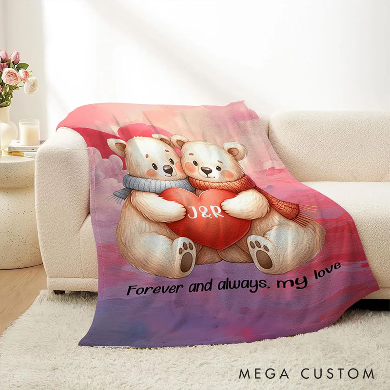 Personalized Cartoon Couple Bear in Love Blanket Custom Newlyweds Name Beer Heart Blanket Valentine's Day Gift for Husband Wife Boyfriend Girlfriend