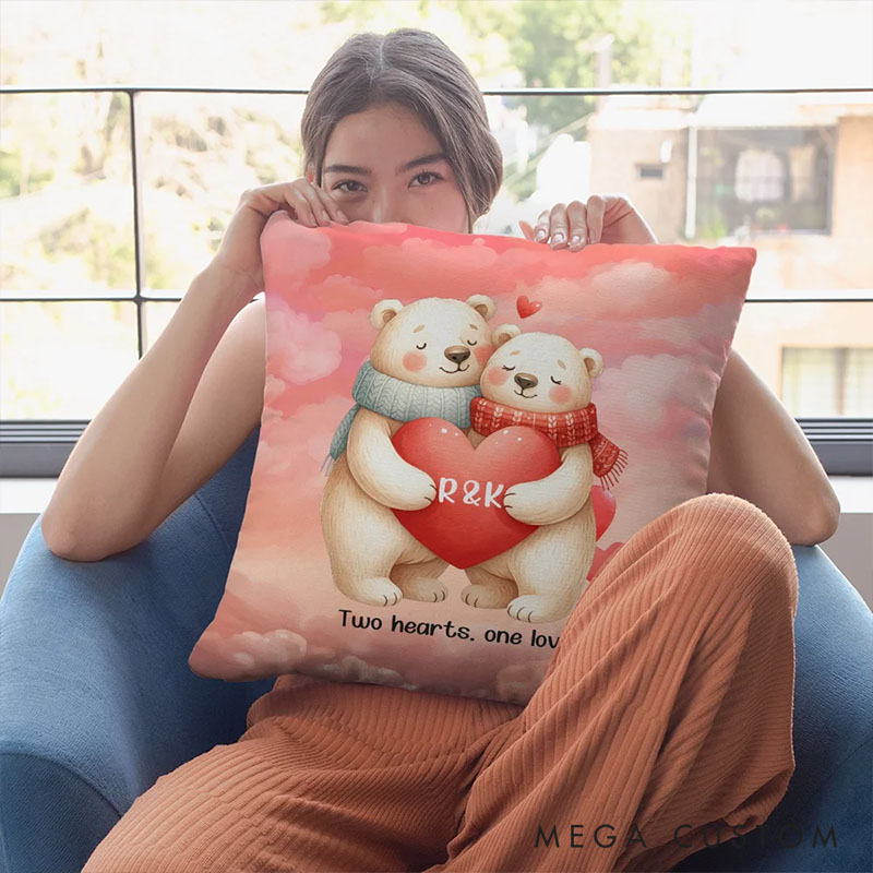 Personalized Cartoon Couple Bear in Love Pillow Custom Newlyweds Name Beer Heart Pillow Valentine's Day Gift for Husband Wife Boyfriend Girlfriend