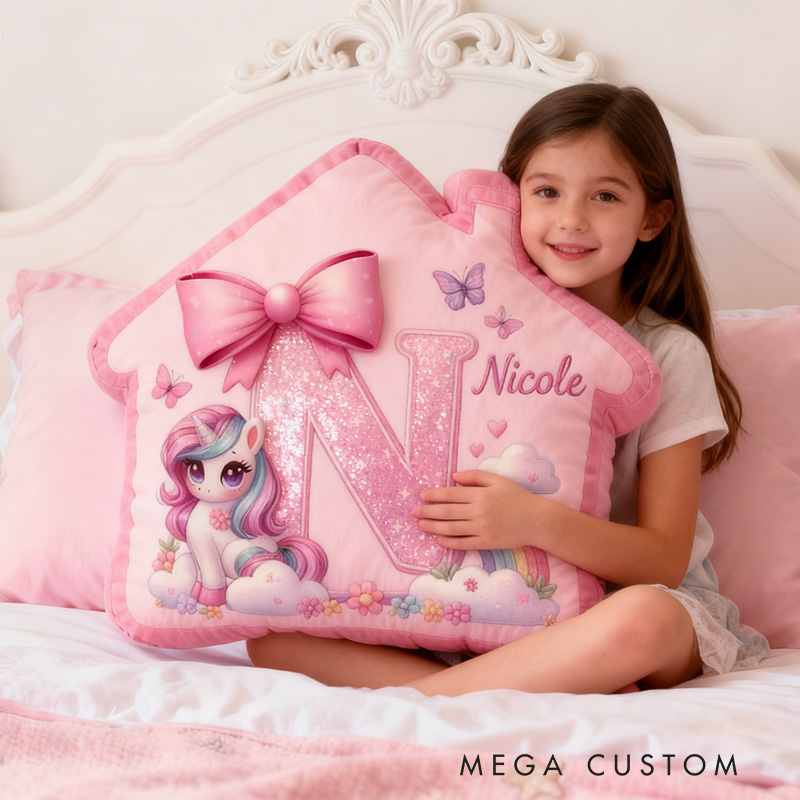 Personalized Unicorn Pillow Pink House-Shaped 26 Letters Custom Name Design Perfect for Girl's Bedroom Decor and Gift Idea Graphic 3D Print