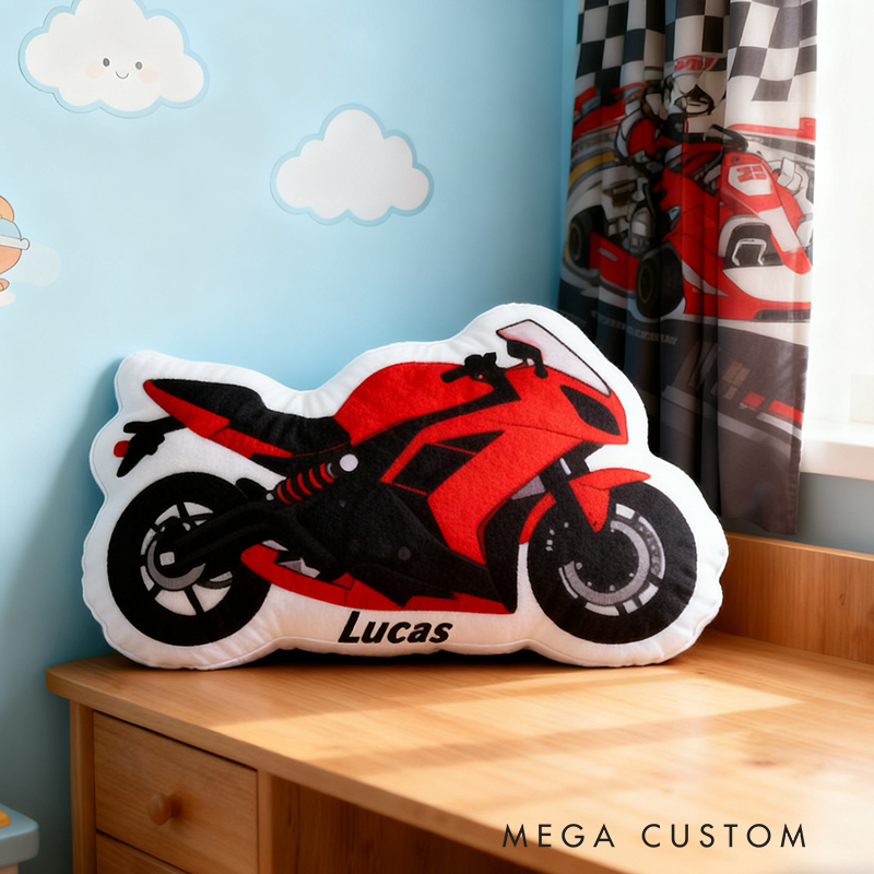 Personalized Motorcycle Pillow Custom Name and Color Motorcycle Shaped Cushion Gift for Motorcyclists and Racing Fans