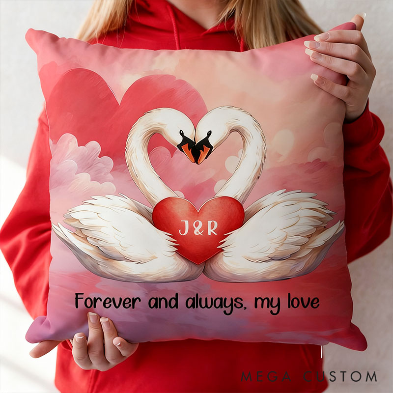 Personalized Cartoon Couple Swans in Love Pillow Custom Newlyweds Name Swans Heart Pillow Valentine's Day Gift for Husband Wife Boyfriend Girlfriend