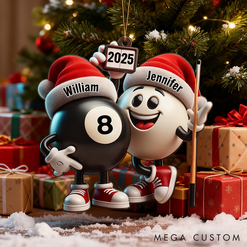 Personalized Funny Pool Ball Design 2D Flag Couple Ornament Chrismas Decoration with Names Chrismas Gift for Husband Wife
