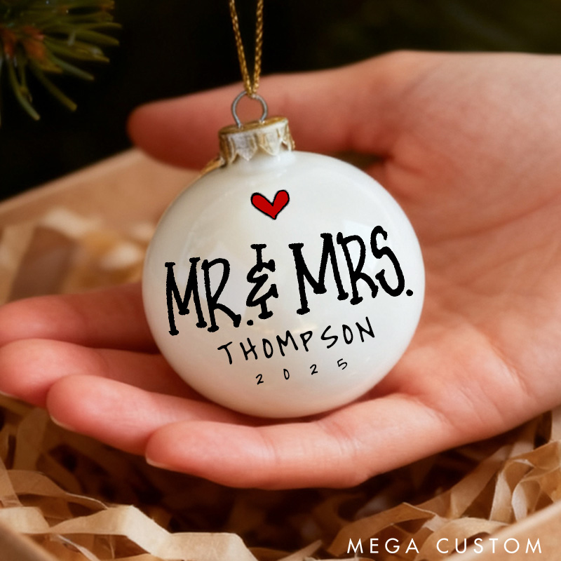 Personalized Mr and Mrs Married Engaged Matching Christmas Ball Ornament Newlyweds Name Date Hand-Painted Xmas Ball First Christmas Gift for Him Her