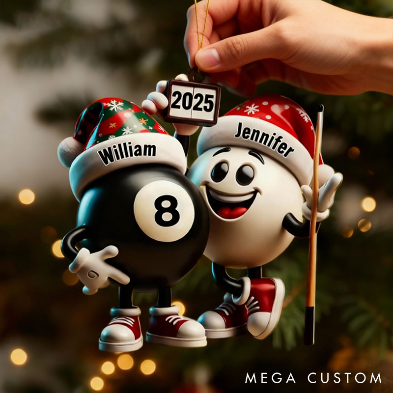 Personalized Funny Chrismas Pool Ball Design 2D Flag Couple Ornament Chrismas Decoration with Names Chrismas Gift for Husband Wife