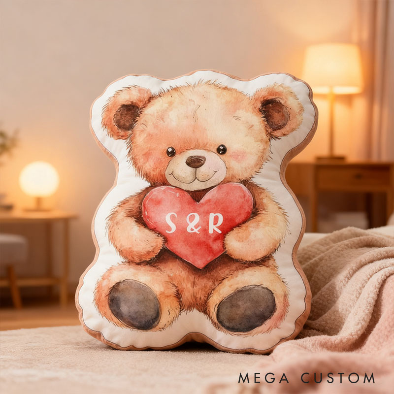 Personalized Flower Girl Bear Heart Pillow with Name Custom Couple Initials Cushion Valentine's Day Gift for Girl Christmas Gift for Girlfriend Wife