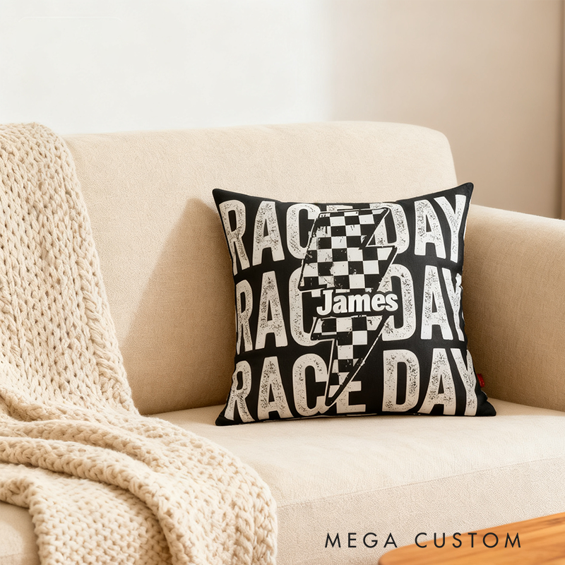 Personalized Race Day Throw Pillow Custom Name Checkered Flag and Lightning Bolt Design Cushion Gift for Racers and Motorsport Fans
