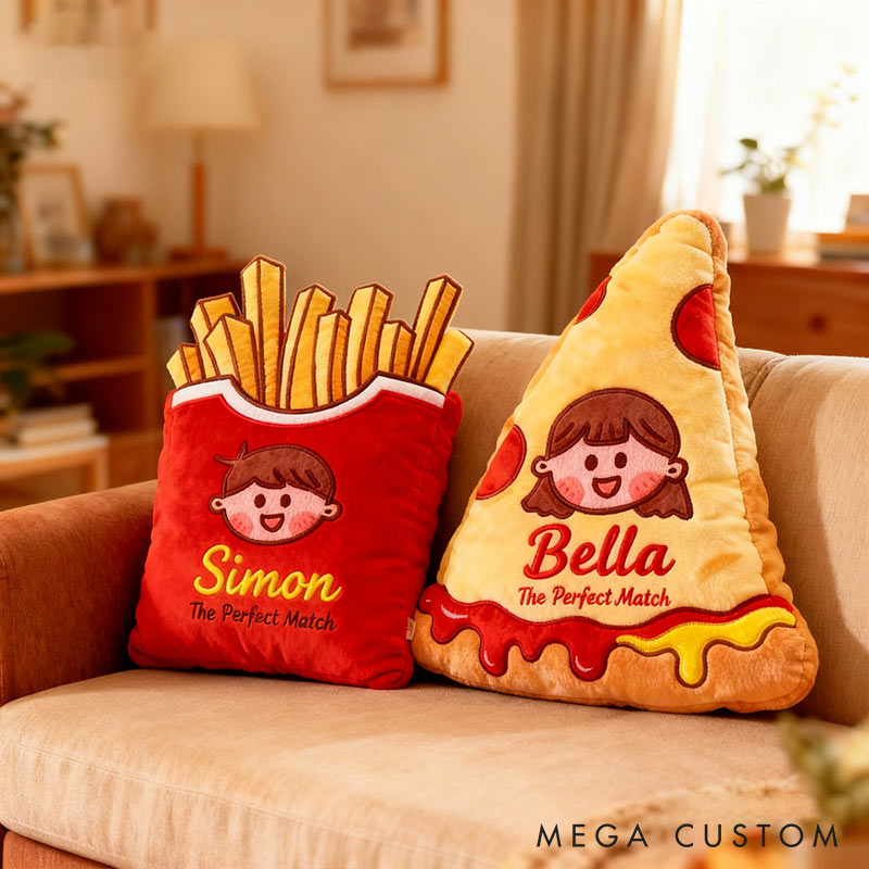 Personalized Cheese Pizza Girl and Crispy Fries Boy Pillow with Name Custom Couple Cushion Gift for Girl Christmas Gift for Girlfriend Boyfriend Wife