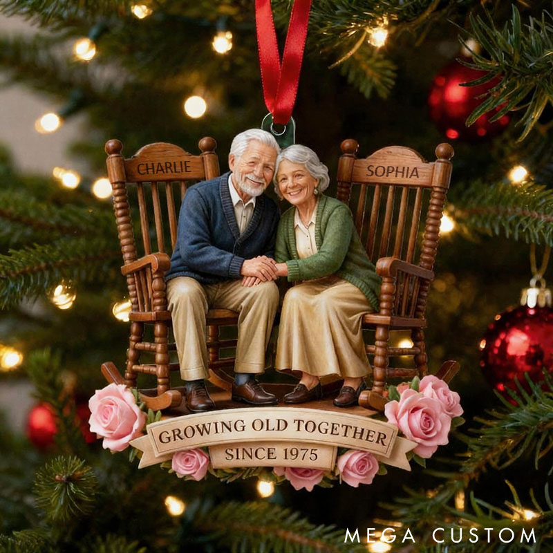Personalized Growing Old Together Anniversary Ornament Couple 2D Flat Acrylic Ornament with Flowers Sitting Together Vintage Christmas Gift