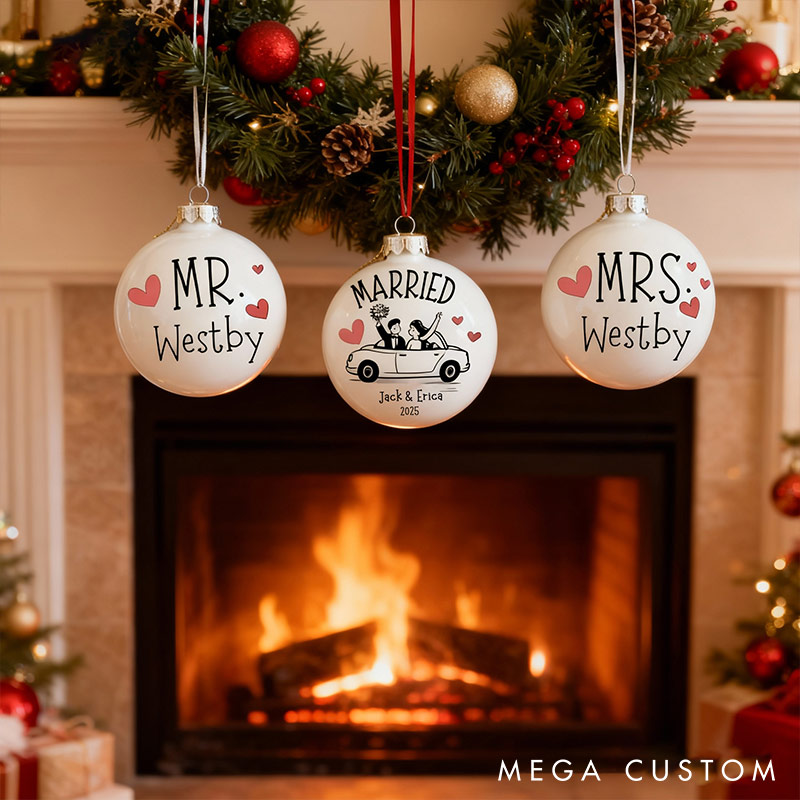 Personalized Mr and Mrs Matching Christmas Ball Ornament Our First Christmas Ornament Set For Newlywed Couple Wedding Ornament Keepsake