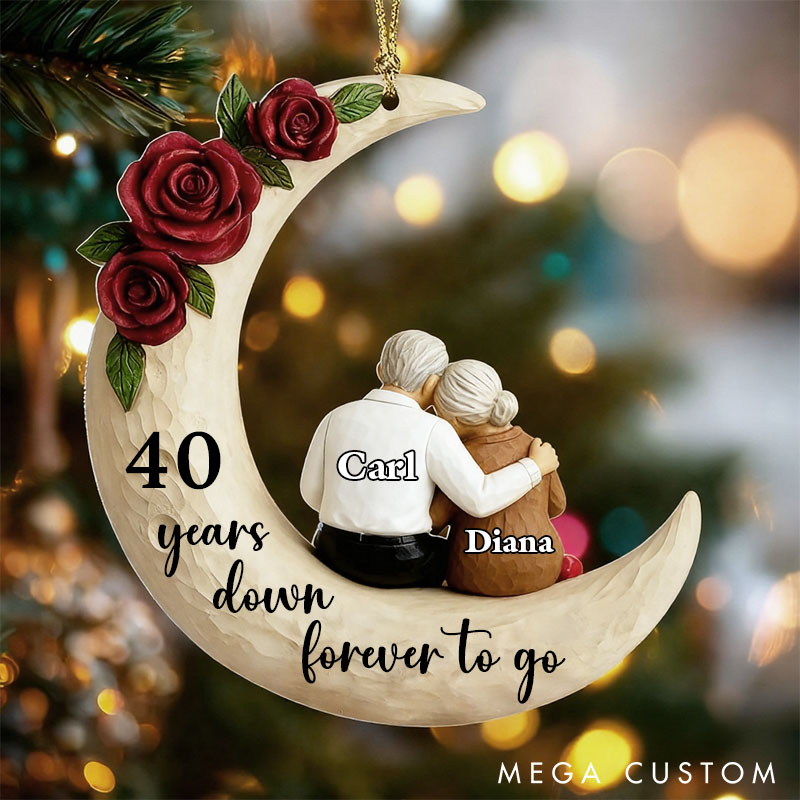 Personalized Old Couple Ornament 2D Flat Couple Anniversary Gift From Our First Kiss Till Our Last Breath Moon Acrylic Ornament with Elderly 