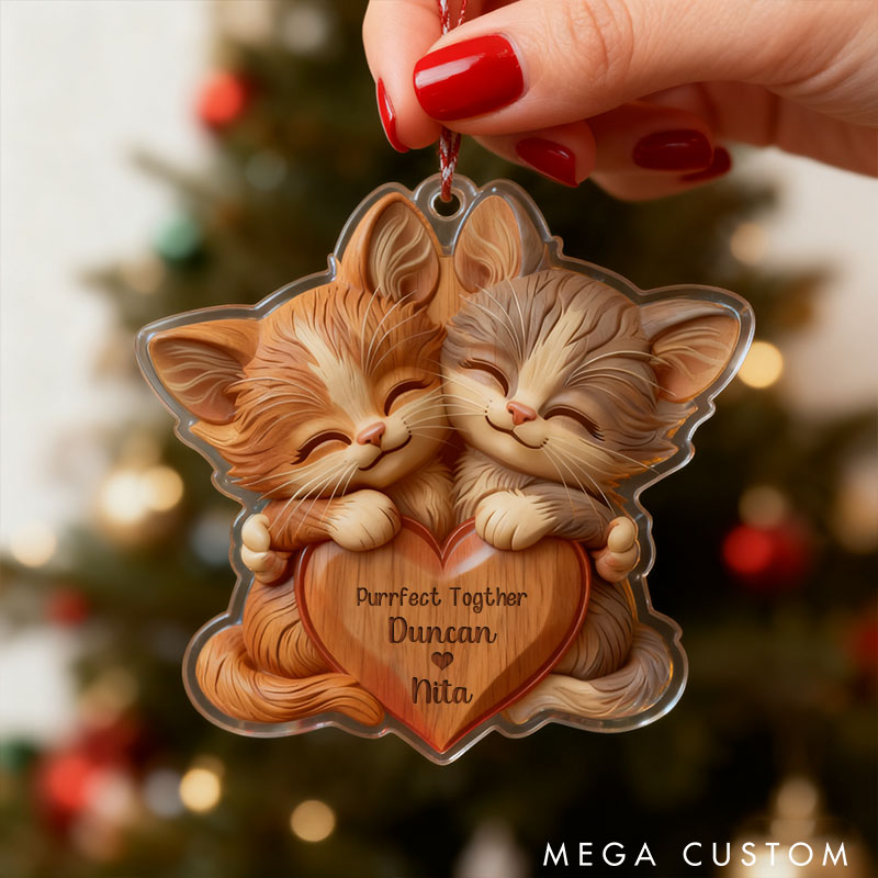Personalized 2D Flat Printed Faux Wood Couple Cat Acrylic Christmas Ornament Custom Newlywed Xmas Ornament Our First Christmas Gift for Animal Lovers