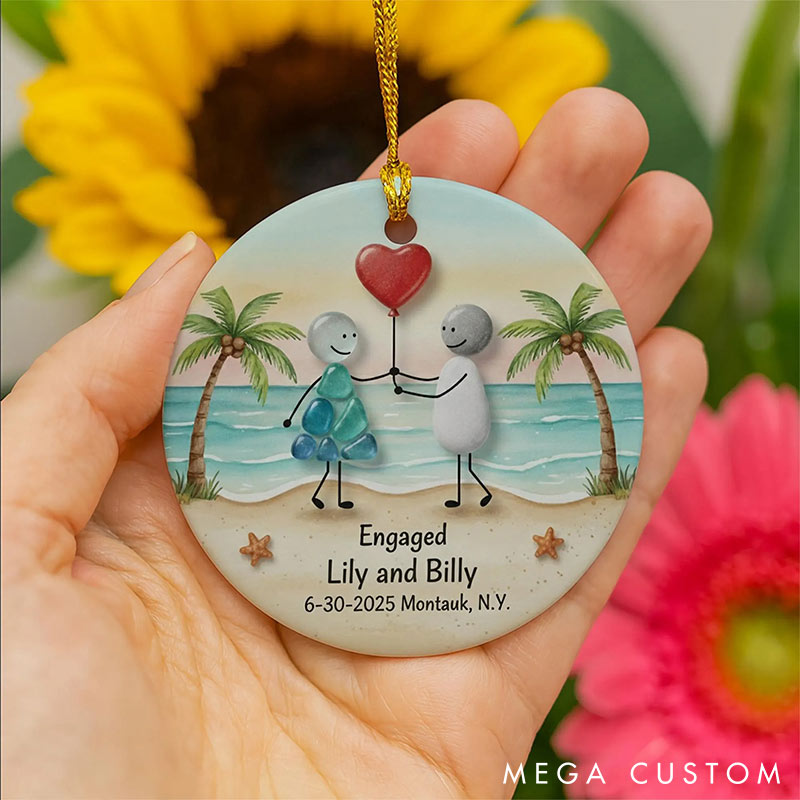 Personalized Faux Sea Glass Couple 2D Flag Chrismas Tree Couple Ornament Chrismas Decoration Gift for Husband Wife for Girfriend Boyfriend